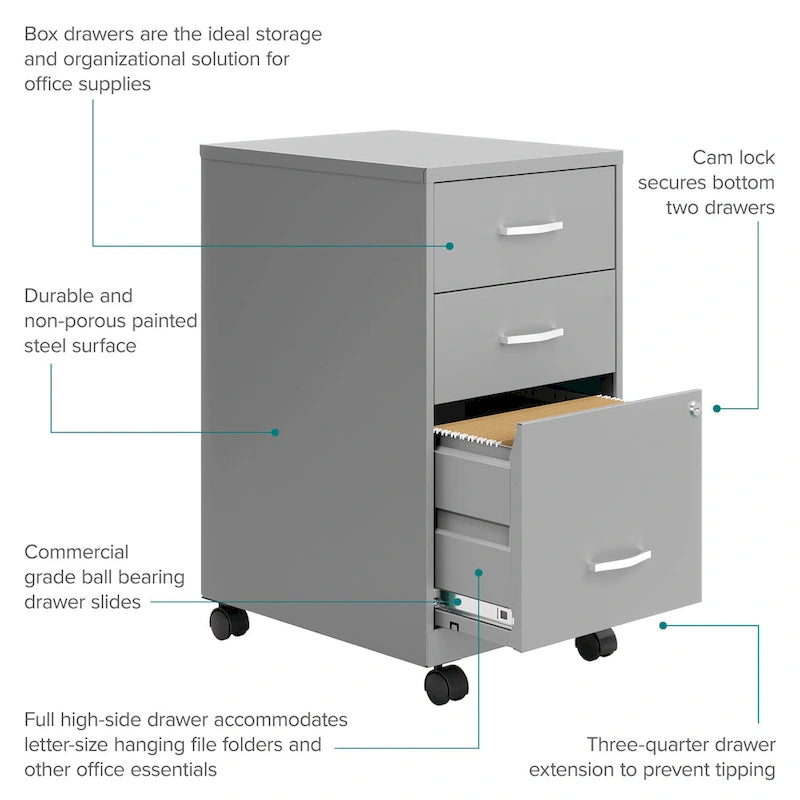 18 Deep 3 Drawer Mobile Metal Cabinet, Arctic Silver