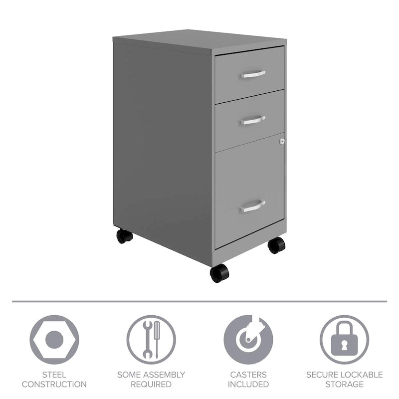 18 Deep 3 Drawer Mobile Metal Cabinet, Arctic Silver