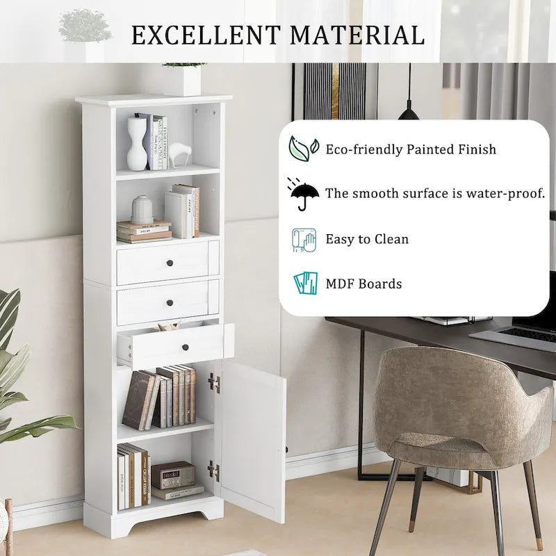 Modern White Storage Cabinet with 3 Drawers and Adjustable Shelves for Bathroom, Kitchen and Living Room