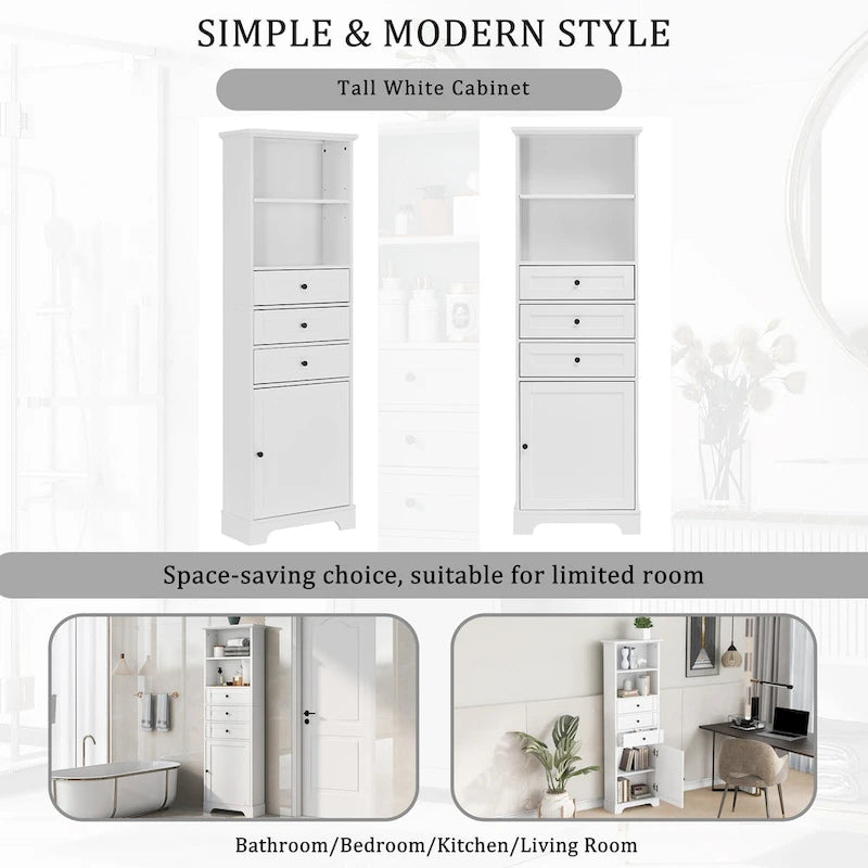 Modern White Storage Cabinet with 3 Drawers and Adjustable Shelves for Bathroom, Kitchen and Living Room