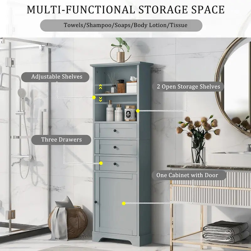 Modern White Storage Cabinet with 3 Drawers and Adjustable Shelves for Bathroom, Kitchen and Living Room