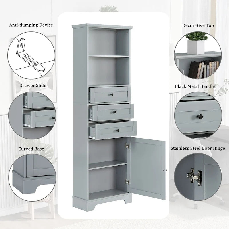 Modern White Storage Cabinet with 3 Drawers and Adjustable Shelves for Bathroom, Kitchen and Living Room