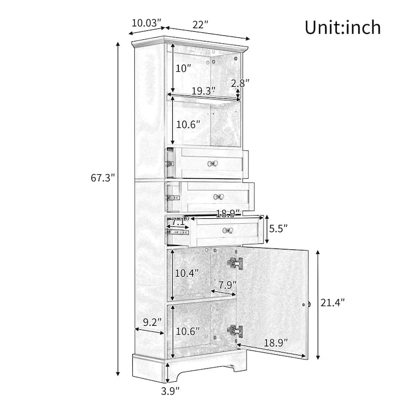 Modern White Storage Cabinet with 3 Drawers and Adjustable Shelves for Bathroom, Kitchen and Living Room