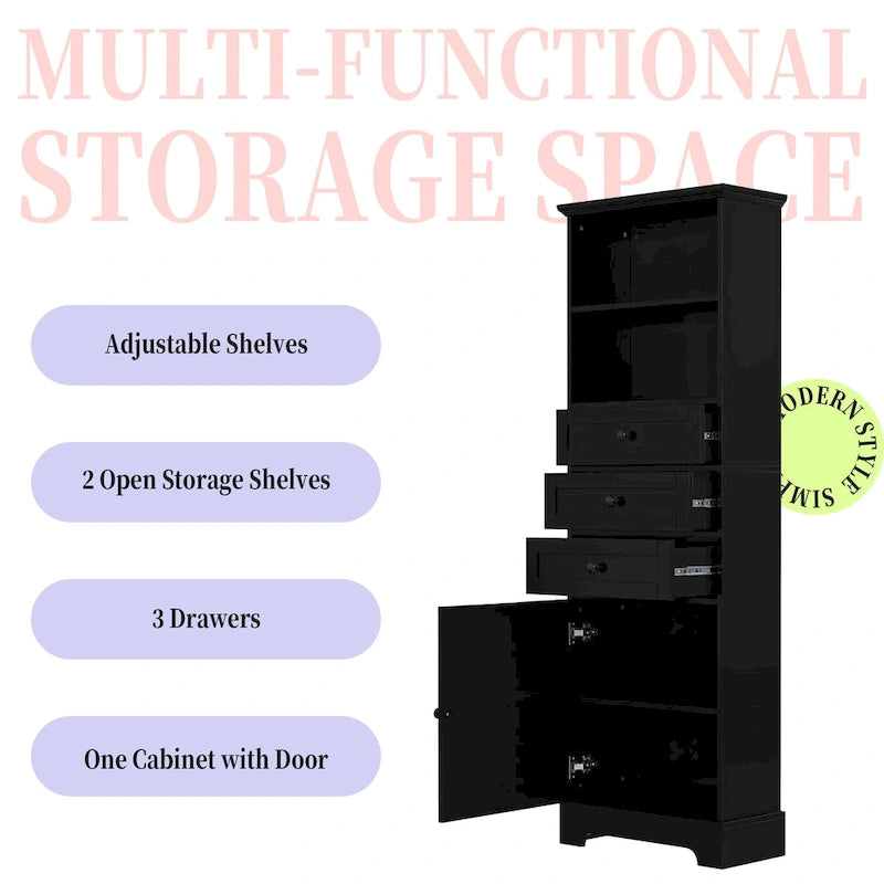 Modern White Storage Cabinet with 3 Drawers and Adjustable Shelves for Bathroom, Kitchen and Living Room
