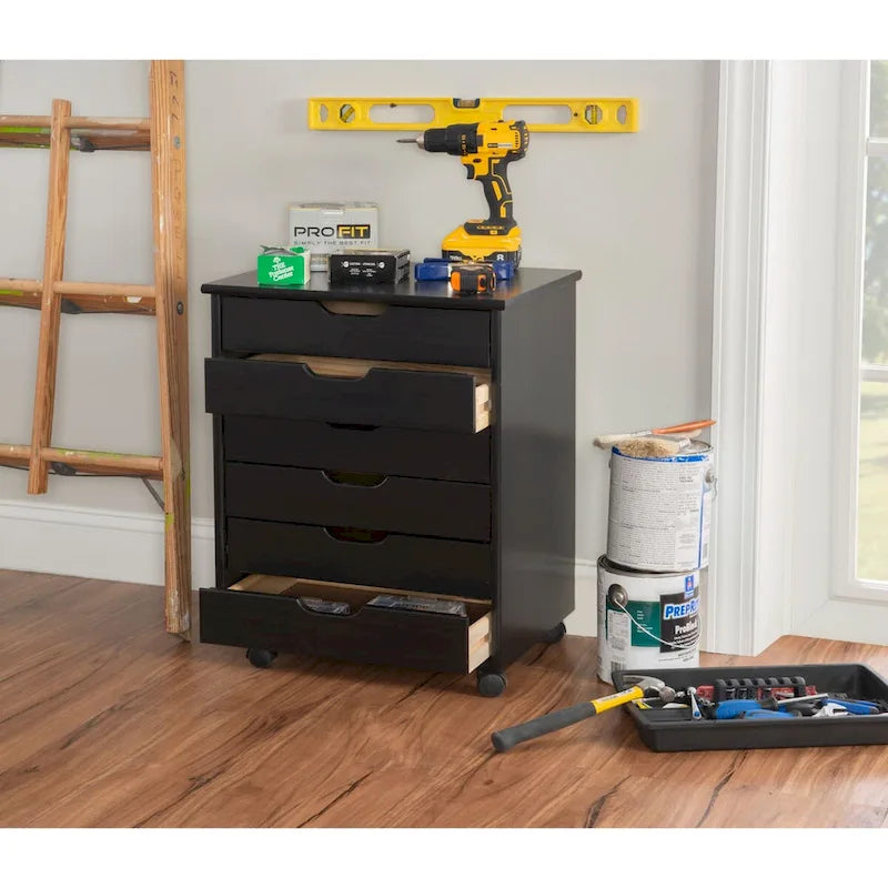 25.25 Black Wide Rolling Storage Cabinet with 6 Drawer