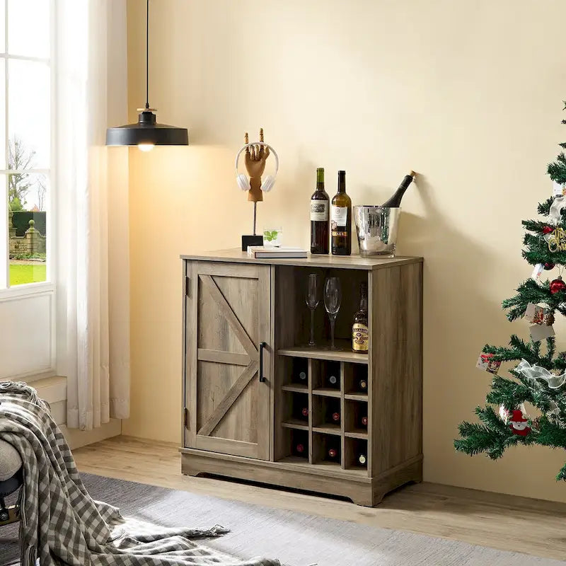 Farmhouse Coffee Bar Cabinet with Wine Rack Barn Door