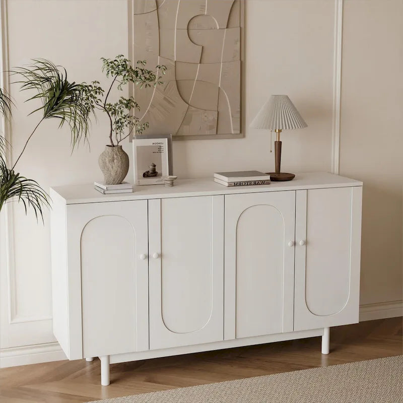 Stylish and Functional 4-Door Intaglio Storage Cabinet with Pine Legs