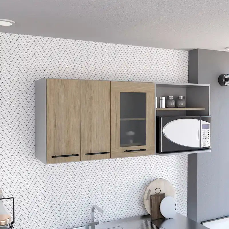 Wall Cabinet, Double Door, Glass Cabinet, Rack -Light Pine