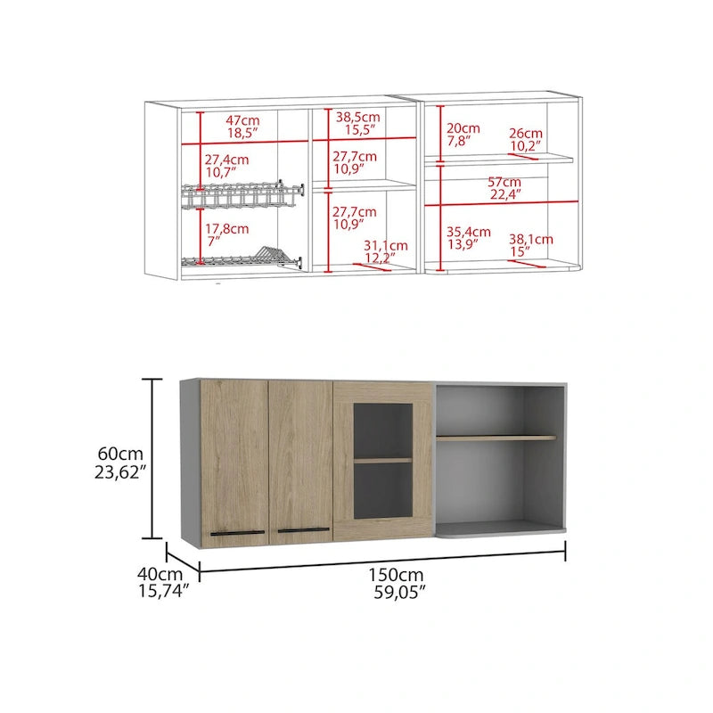 Wall Cabinet, Double Door, Glass Cabinet, Rack -Light Pine