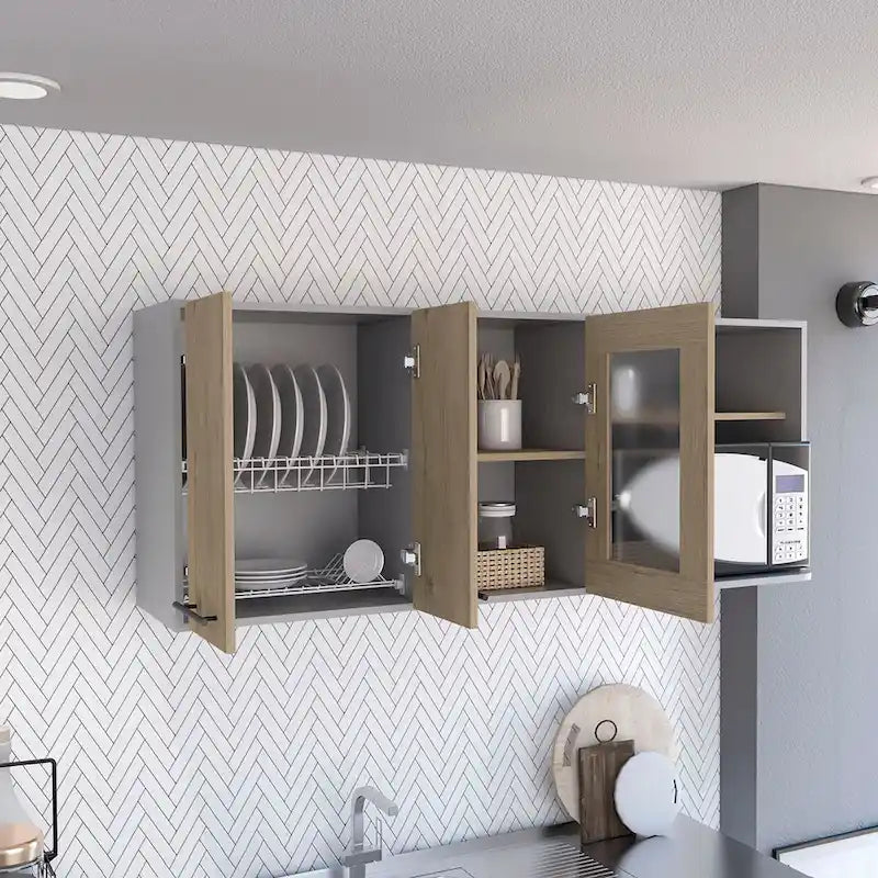 Wall Cabinet, Double Door, Glass Cabinet, Rack -Light Pine