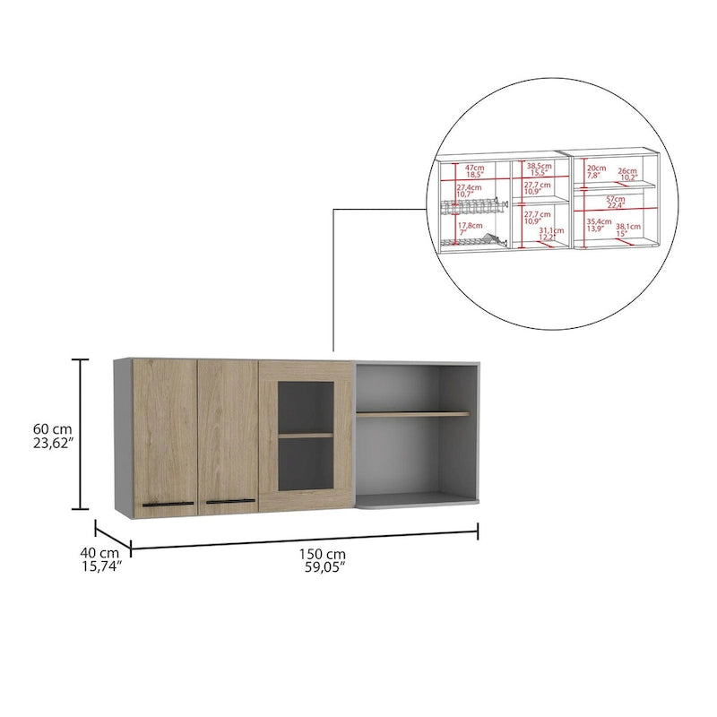 Wall Cabinet, Double Door, Glass Cabinet, Rack -Light Pine