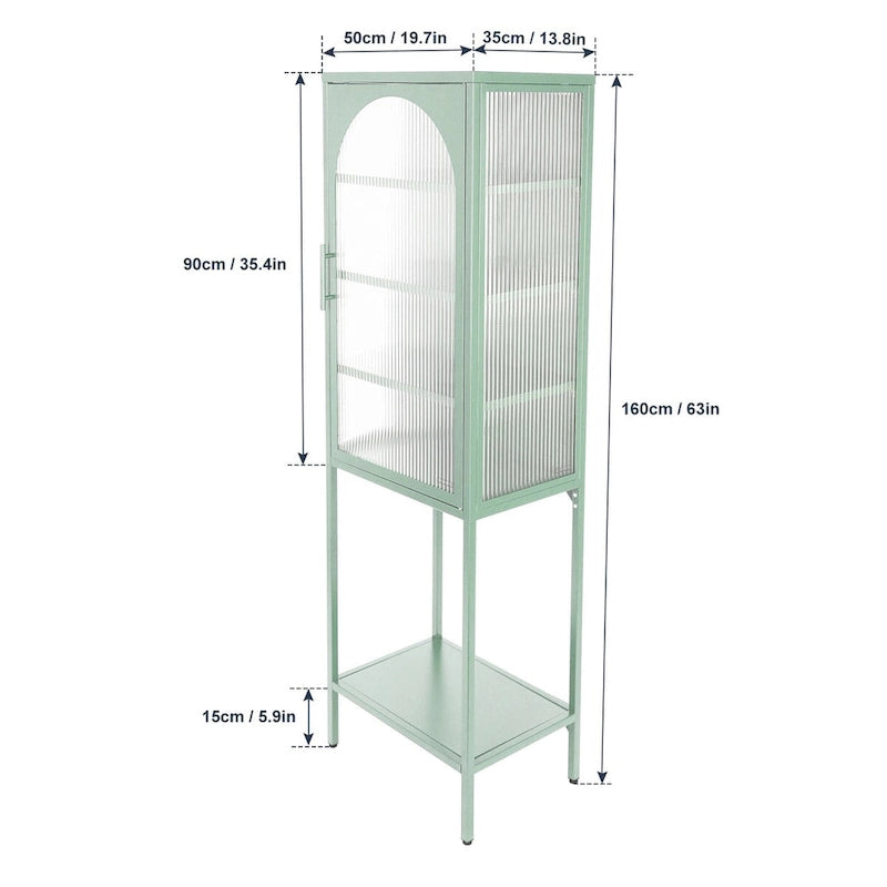 Tempered Glass High Cabinet with Arched Door Adjustable Shelves and Feet Anti-Tip Dust-free Fluted Glass Kitchen Credenza