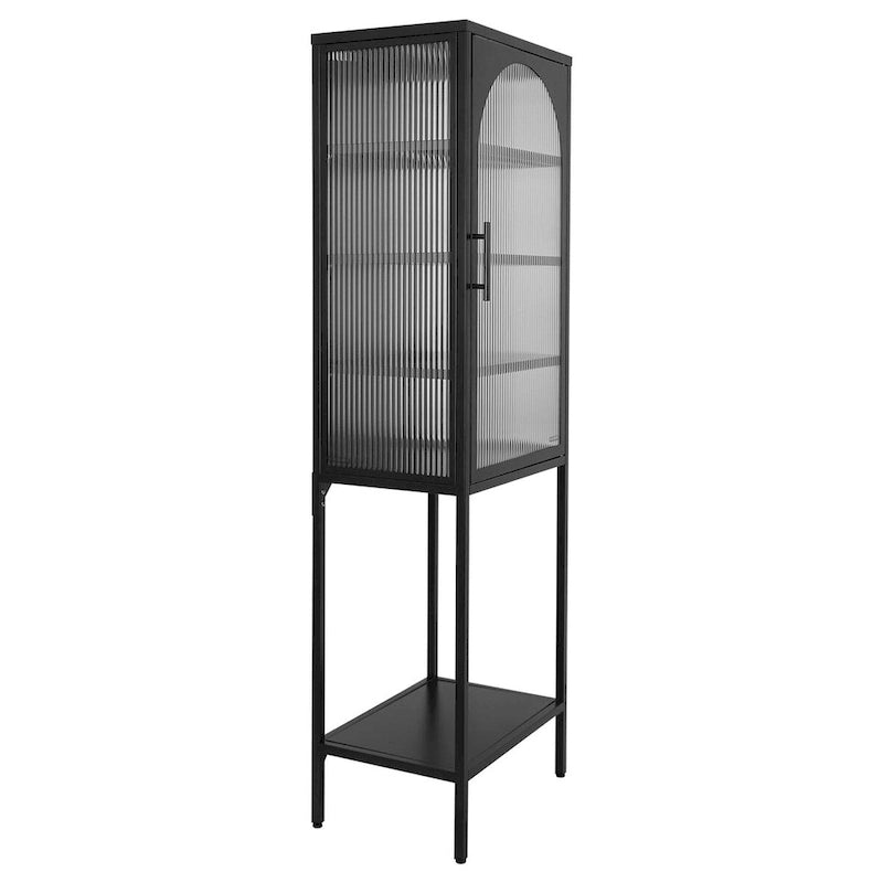 Tempered Glass High Cabinet with Arched Door Adjustable Shelves and Feet Anti-Tip Dust-free Fluted Glass Kitchen Credenza