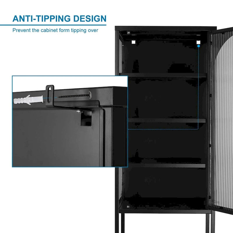 Tempered Glass High Cabinet with Arched Door Adjustable Shelves and Feet Anti-Tip Dust-free Fluted Glass Kitchen Credenza