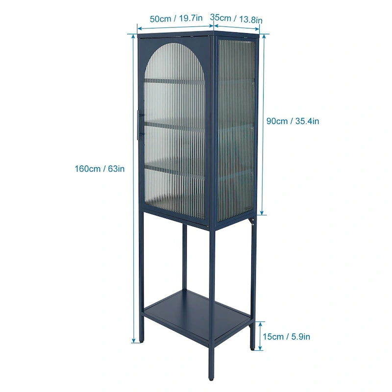 Tempered Glass High Cabinet with Arched Door Adjustable Shelves and Feet Anti-Tip Dust-free Fluted Glass Kitchen Credenza