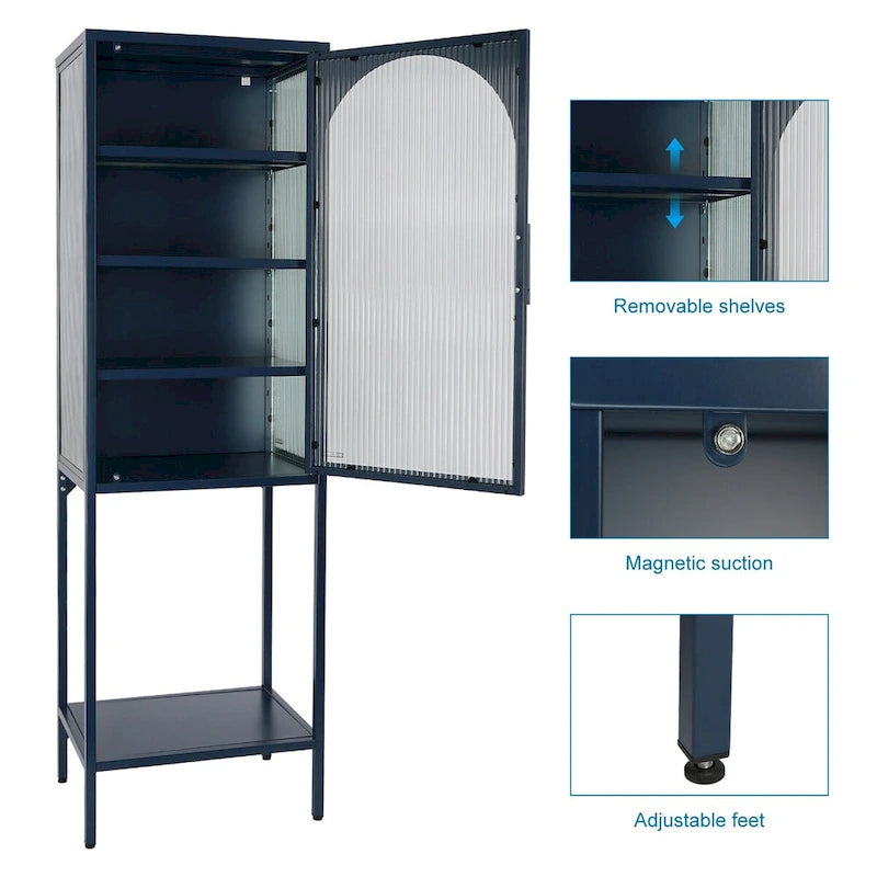 Tempered Glass High Cabinet with Arched Door Adjustable Shelves and Feet Anti-Tip Dust-free Fluted Glass Kitchen Credenza