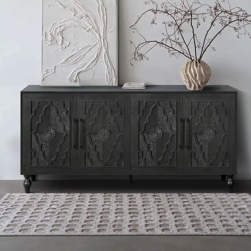 Carved Flower Door Large Storage Cabinet