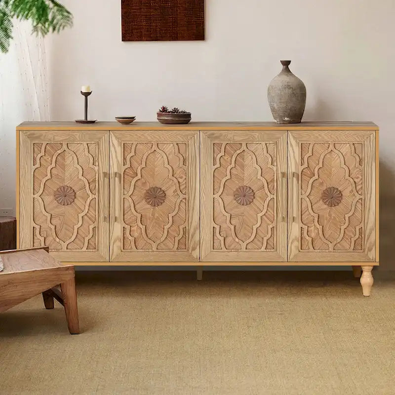 Carved Flower Door Large Storage Cabinet