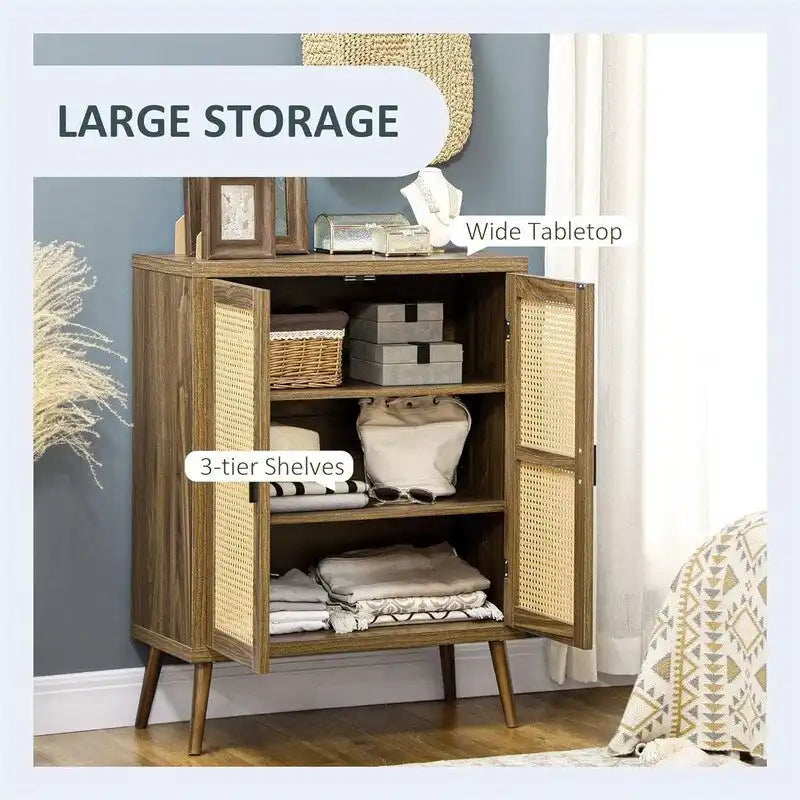 Sideboard Buffet Cabinet with Rattan Decorated Doors - 13.75D x 30W x 39.25H