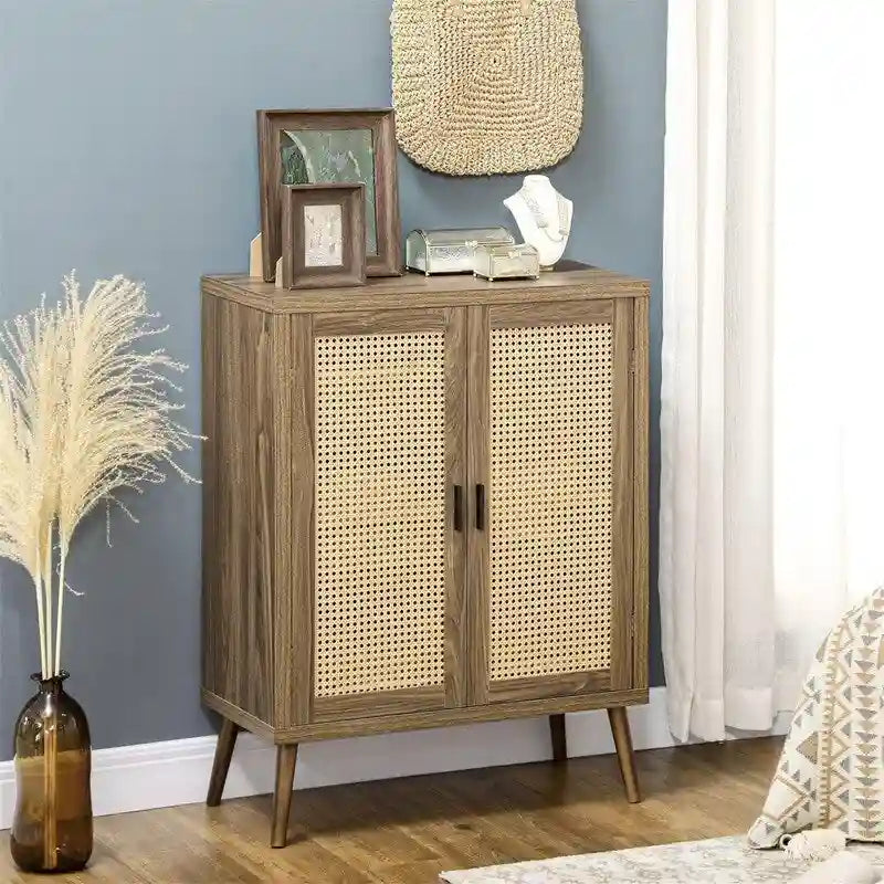 Sideboard Buffet Cabinet with Rattan Decorated Doors - 13.75D x 30W x 39.25H