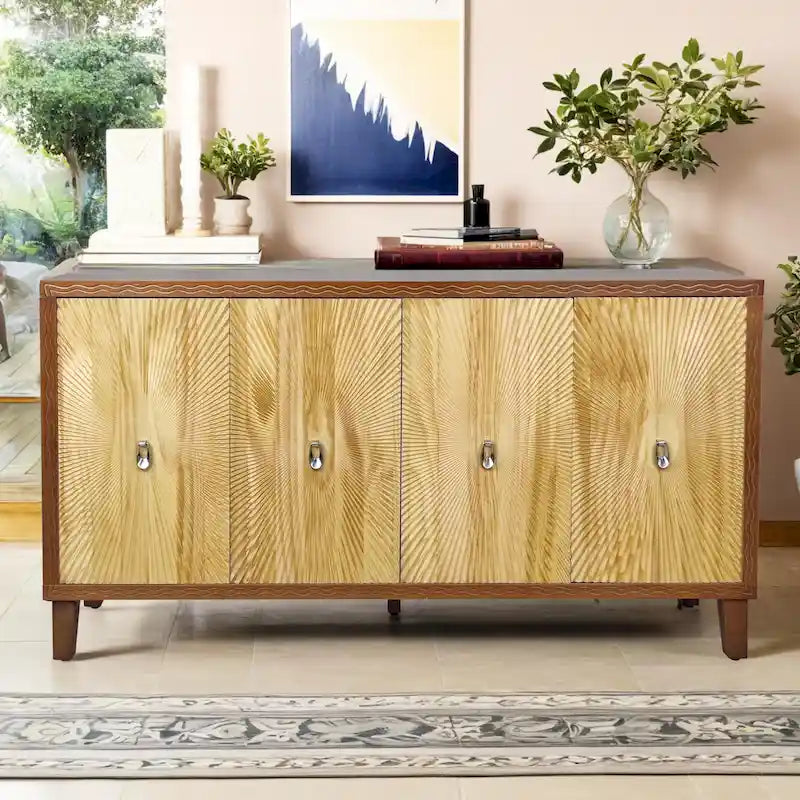 60 Sideboard Storage Cabinet, Large Buffet Cabinet with 4 Doors, Carved Scatter Pattern,Vintage Accent Cabinet for Dining Romm