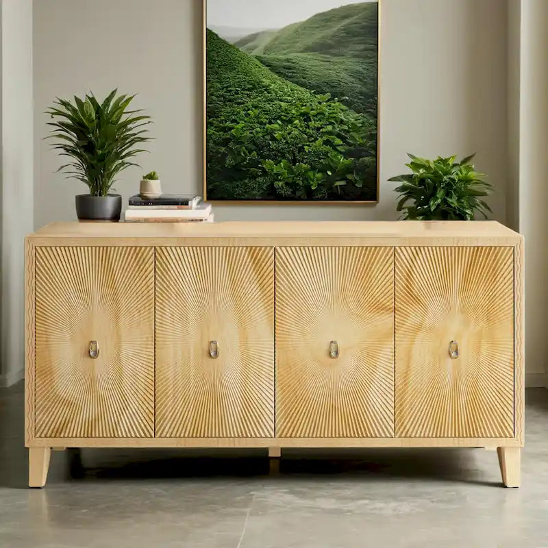 60 Sideboard Storage Cabinet, Large Buffet Cabinet with 4 Doors, Carved Scatter Pattern,Vintage Accent Cabinet for Dining Romm
