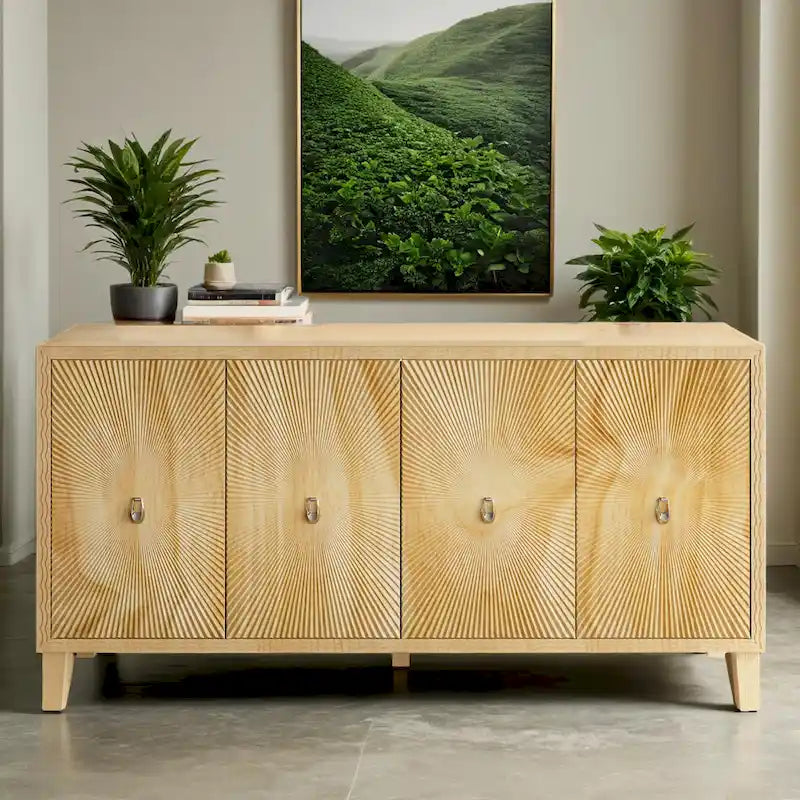 60 Sideboard Storage Cabinet, Large Buffet Cabinet with 4 Doors, Carved Scatter Pattern,Vintage Accent Cabinet for Dining Romm