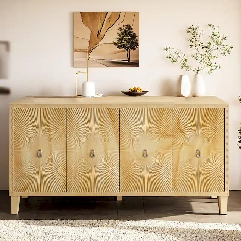 60 Sideboard Storage Cabinet, Large Buffet Cabinet with 4 Doors, Carved Scatter Pattern,Vintage Accent Cabinet for Dining Romm