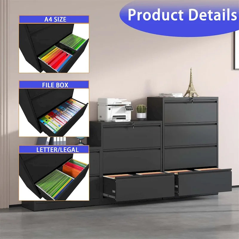 Lateral Black File Cabinet 4 Drawer,with Lock,Lockable File Cabinet