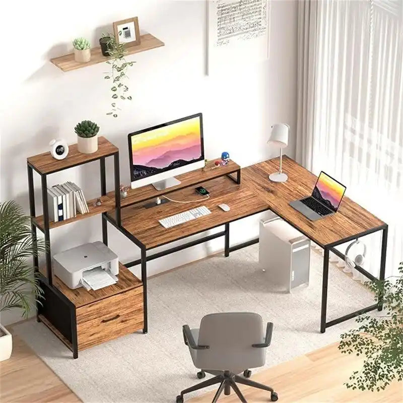 Shaped Desk with Power Outlets - 18.89D x 70.07W x 29.52H