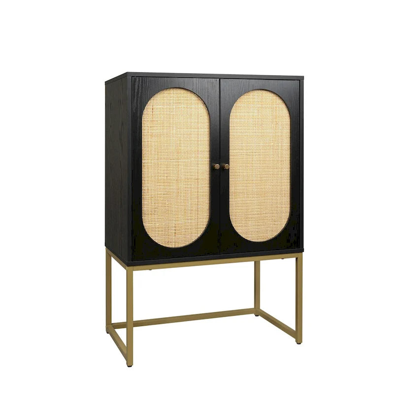 2 Door Cabinet, Rattan 2 Door high cabinet, Built-in adjustable shelf, Easy Assembly, Free Standing Cabinet for Living Room