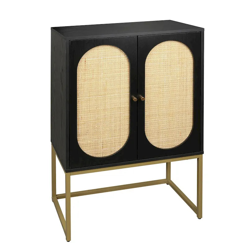 2 Door Cabinet, Rattan 2 Door high cabinet, Built-in adjustable shelf, Easy Assembly, Free Standing Cabinet for Living Room