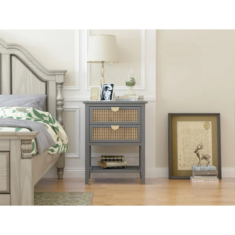 2 Drawer Side table,Naturel Rattan,End table,Suitable for bedroom, living room, study