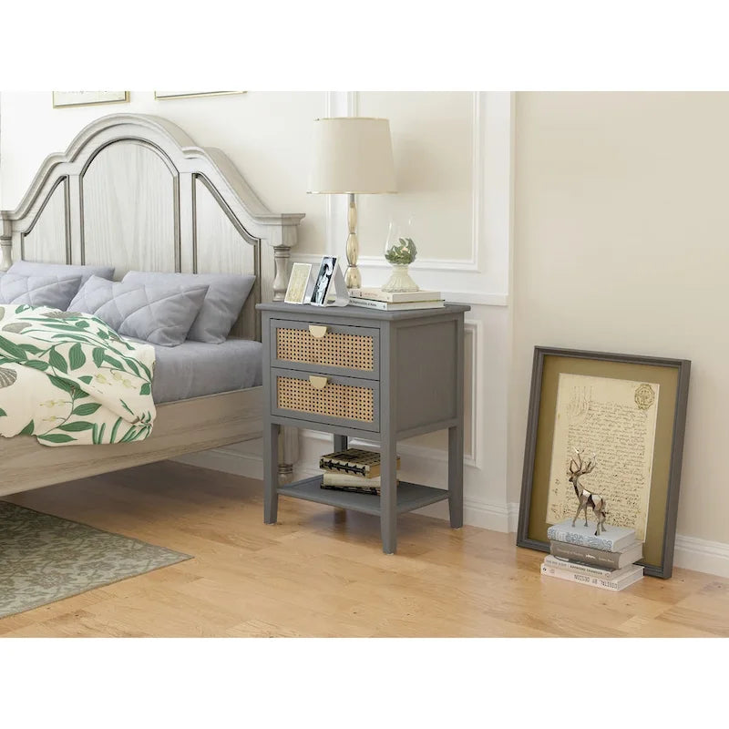 2 Drawer Side table,Naturel Rattan,End table,Suitable for bedroom, living room, study