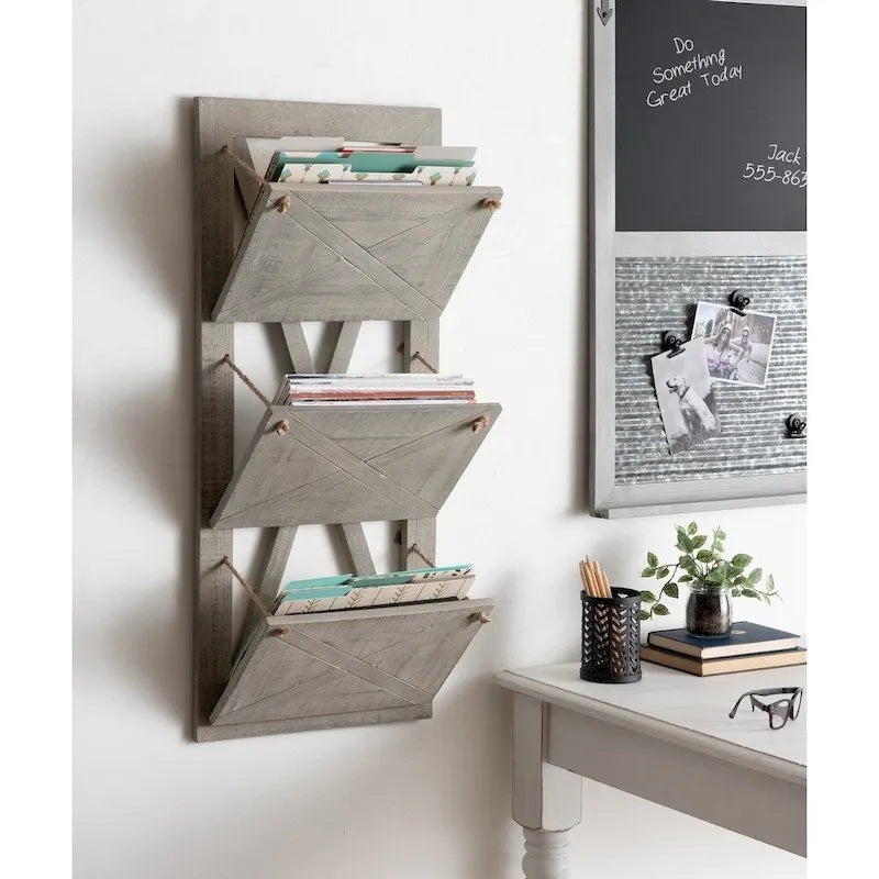 3 Pocket Farmhouse Wood Hanging Wall File Holder