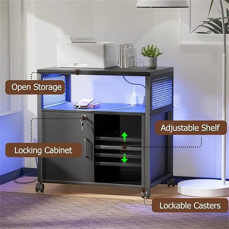 Printer Stand with LED Lights, - 23.6D x 17.2W x 26H