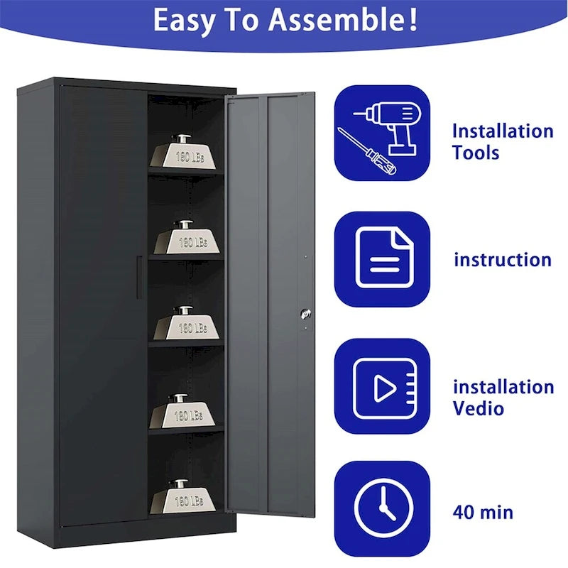 72H Metal Lockable Storage Cabinet with Doors and 4 Shelves