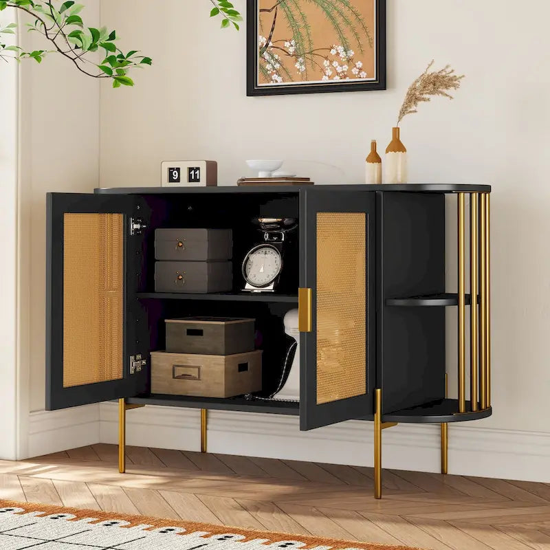 2-Door Elegant Curved Dining Cabinet with Gold Trim and Woven Rattan Doors for Dining Room