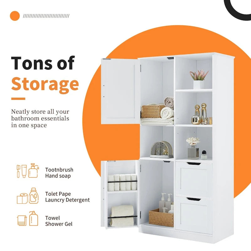 Bathroom Storage Cabinet with Doors and Drawers,Multiple Storage Space, Freestanding Style,Open Shelve,Adjustable Shelf,White