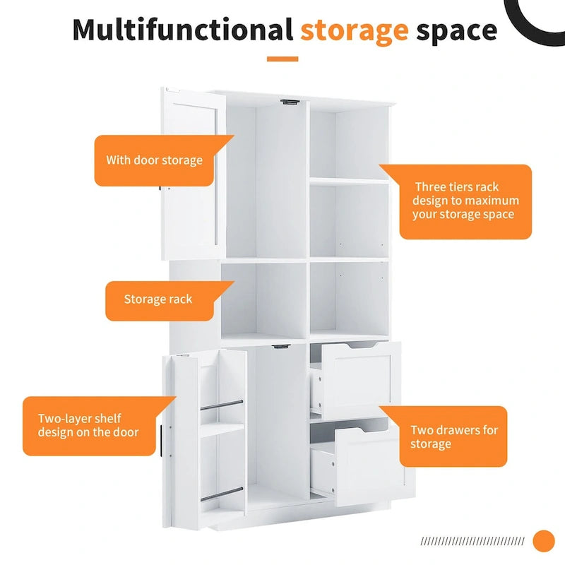 Bathroom Storage Cabinet with Doors and Drawers,Multiple Storage Space, Freestanding Style,Open Shelve,Adjustable Shelf,White