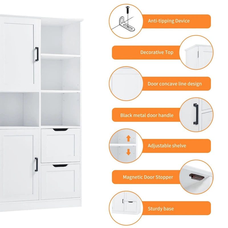 Bathroom Storage Cabinet with Doors and Drawers,Multiple Storage Space, Freestanding Style,Open Shelve,Adjustable Shelf,White