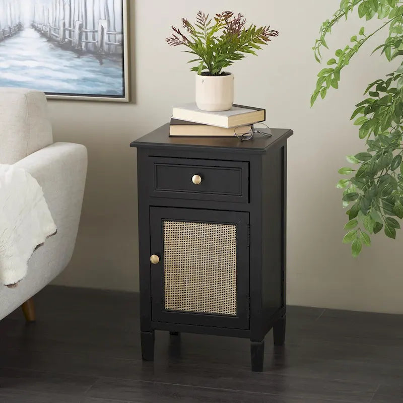 1 Drawer and 1 Door Room Cabinet with Rattan Front - Black - Roche River Decor