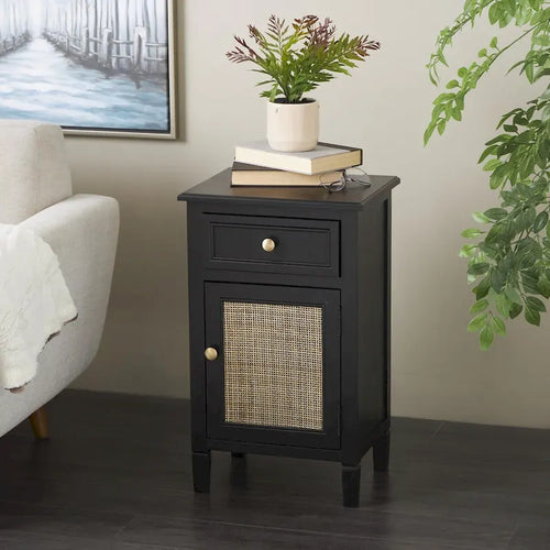 1 Drawer and 1 Door Room Cabinet with Rattan Front - Black - Roche River Decor